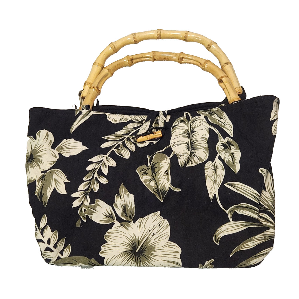 Hawaiian Tropical Floral Boho Tote Purse Natural Bamboo Handle Pineapple Moon